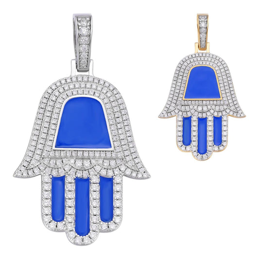 HarlemBling Blue Hamsa Hand Iced Out Hip Hop Pendant - 14k Gold Vermeil Or 925 Silver - CZ Stones - Medium 1.75"