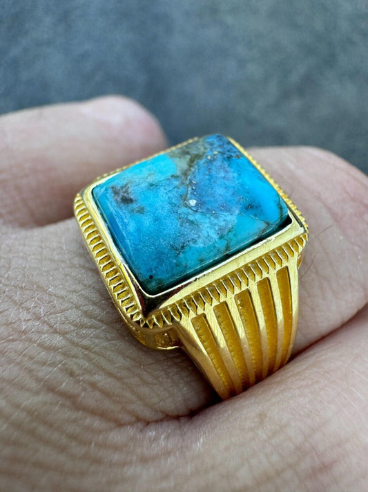 HarlemBling Blue Turquoise Ring Genuine Gemstone Mens Real 14k Gold Over 925 Sterling Silver