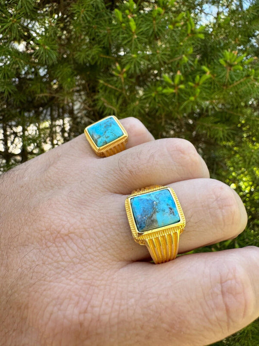 HarlemBling Blue Turquoise Ring Genuine Gemstone Mens Real 14k Gold Over 925 Sterling Silver