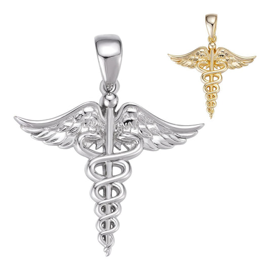 HarlemBling Caduceus Healthcare Worker Pendant - 14k Gold Vermeil Or 925 Silver - CZ Stones - Small 1.25"