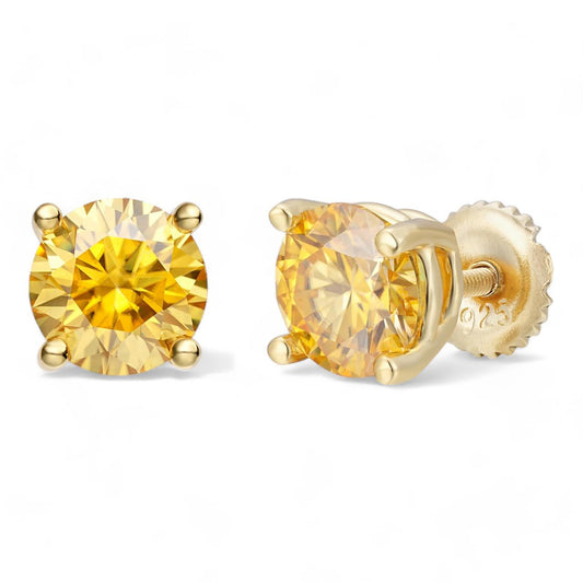 HarlemBling Canary Yellow MOISSANITE Solitaire Stud Earrings - 14k Gold Vermeil 925 Silver - 3mm-8mm - 0.2-4ct