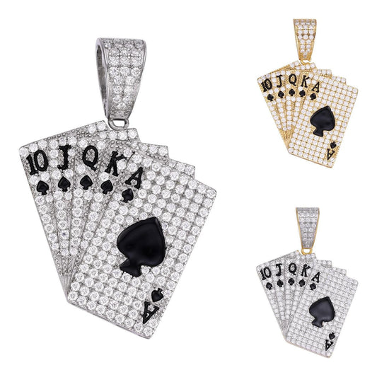 HarlemBling Card Deck Royal Flush Iced Out Pendant - 14k Gold Vermeil Or 925 Silver - CZ Stones - Small 1.5"