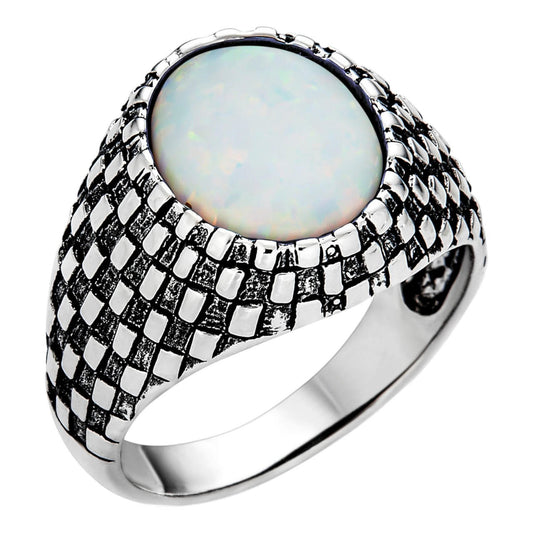 HarlemBling Checkerboard Ring - 925 Silver Oxidized - Synthetic White Opal