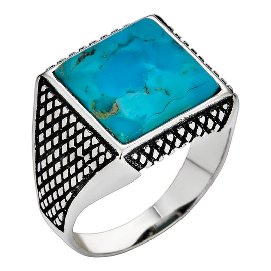 HarlemBling Classic Brick Road Ring - 925 Silver Oxidized - Genuine Blue Turquoise Stone