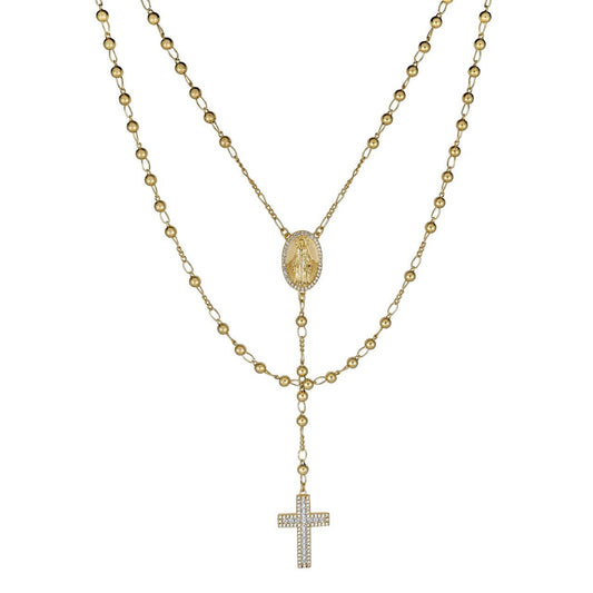 HarlemBling Classic Italian Virgin Mary Rosary Beads Necklace Iced Out CZ Stones - 14k Gold Vermeil 925 Silver - 4mm - 24"