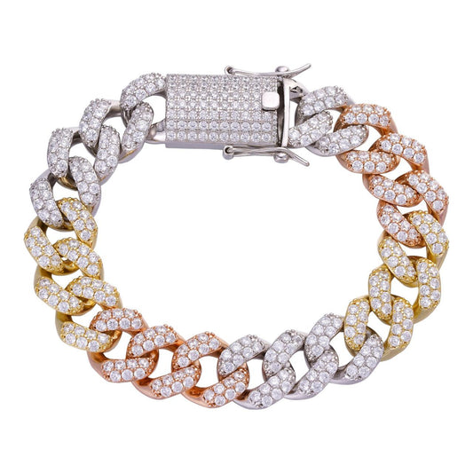 HarlemBling Classic Miami Cuban Link Bracelet Iced Out CZ Stones - Tricolor 14k Yellow & Rose Gold Vermeil & 925 Silver - 15mm - 8.5"