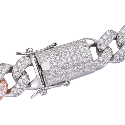 HarlemBling Classic Miami Cuban Link Chain Necklace Iced Out CZ Stones - Tricolor 14k Yellow & Rose Gold Vermeil & 925 Silver - 15mm - 18-36"