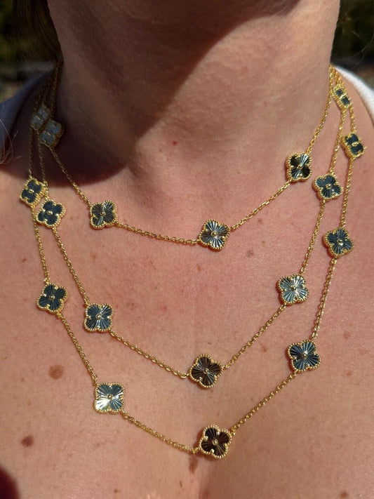 HarlemBling Cleef Clover Link Chain Necklace Or Bracelet Diamond Cut Motifs - 14k Gold Vermeil 925 Sterling Silver - 5.5"-24"