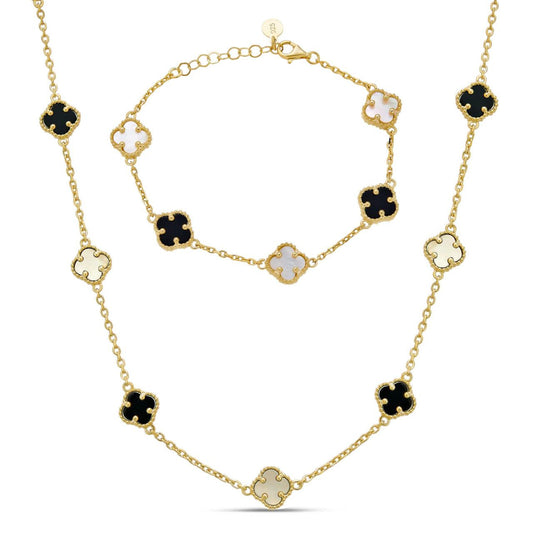 HarlemBling Cleef Clover Link Chain Necklace Or Bracelet Natural Black Onyx & Mother Of Pearl Motifs - 14k Gold Vermeil 925 Sterling Silver - 5.5"-24"