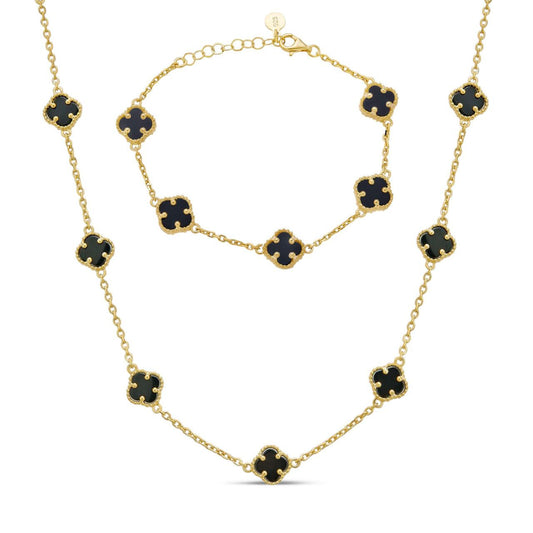 HarlemBling Cleef Clover Link Chain Necklace Or Bracelet Natural Black Onyx Motifs - 14k Gold Vermeil 925 Sterling Silver - 5.5"-24"