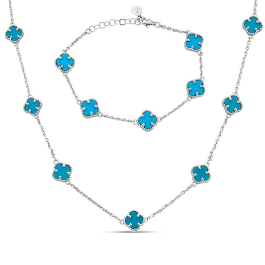 HarlemBling Cleef Clover Link Chain Necklace Or Bracelet Natural Blue Turquoise Motifs - 925 Sterling Silver - 5.5"-24"