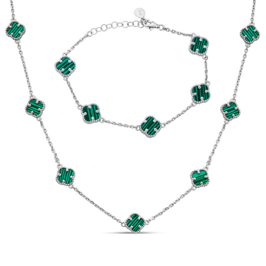 HarlemBling Cleef Clover Link Chain Necklace Or Bracelet Natural Green Malachite Motifs - 925 Sterling Silver - 5.5"-24"