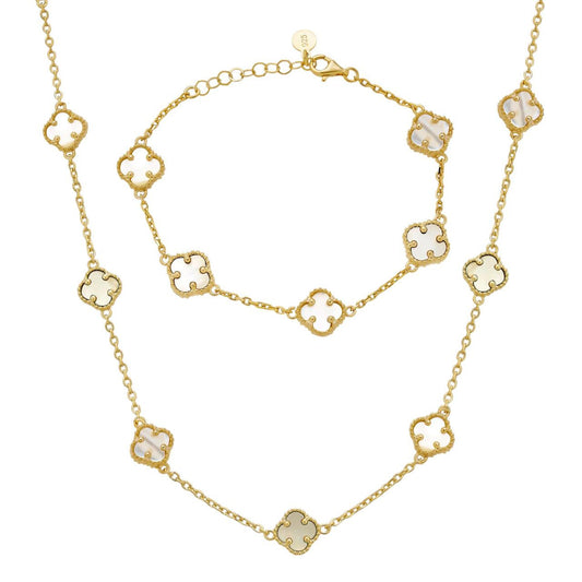 HarlemBling Cleef Clover Link Chain Necklace Or Bracelet Natural Mother Of Pearl Motifs - 925 Sterling Silver - 5.5"-24"