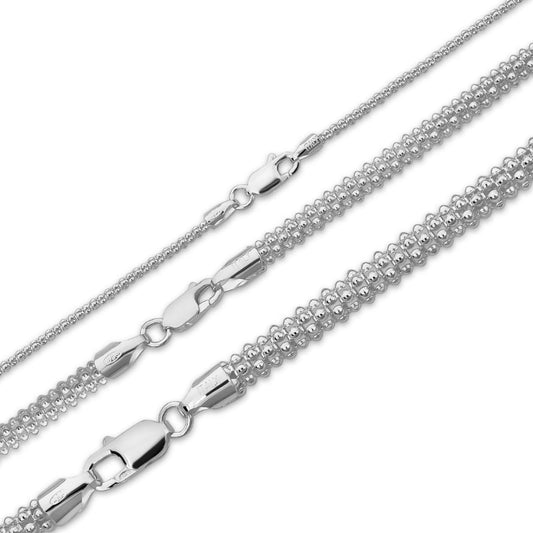 HarlemBling Coreana Popcorn Chain Necklace - 925 Sterling Silver - 16"-30" - 2mm-6mm