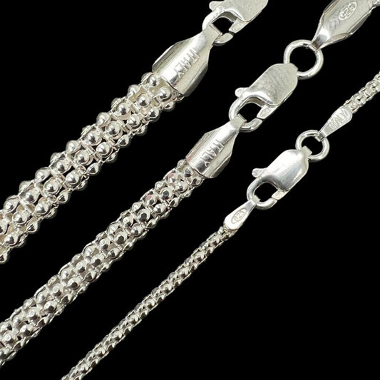 HarlemBling Coreana Popcorn Chain Necklace - 925 Sterling Silver - 16"-30" - 2mm-6mm