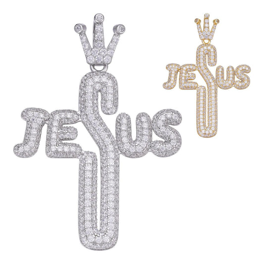 HarlemBling Cross W. Crown Jesus Piece Pendant - 14k Gold Vermeil Or 925 Silver - CZ Stones - Large 2.5"