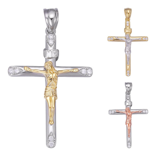 HarlemBling Cross W. Jesus Pendant - 14k Yellow/Rose Gold Vermeil Or 925 Silver - CZ Stones - Medium 2"