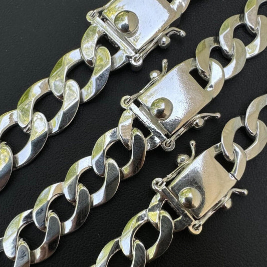 HarlemBling Curb Cuban Link Chain Necklace Or Bracelet W. Box Lock - 925 Sterling Silver - 7"-30" - 9.5mm-13mm