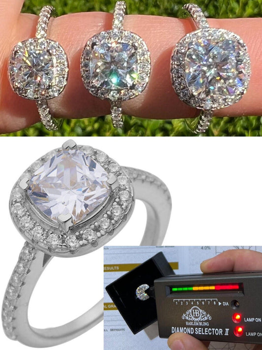 HarlemBling Cushion Cut Moissanite Engagement Promise Ring Passes Diamond Tester 925 Silver