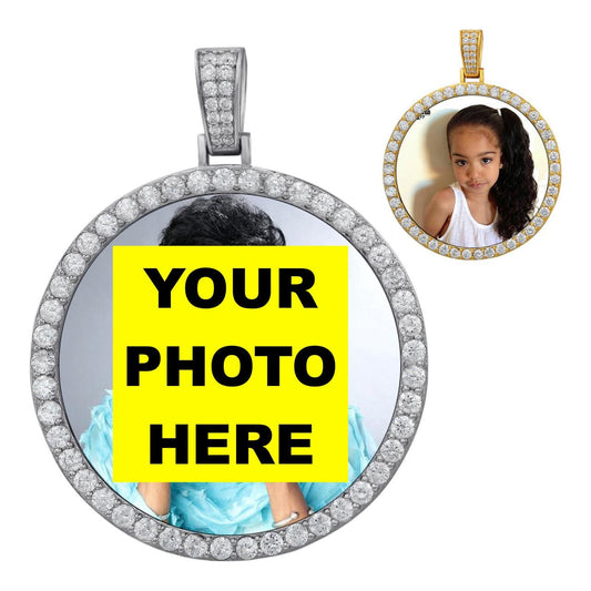 HarlemBling Custom Photo Memory Pendant - CZ Stones - 14k Yellow/Rose Gold Vermeil Or 925 Silver - Medium 2"