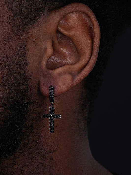 HarlemBling Dangling Cross Iced Out Earrings Dangle Hoop - Black Rhodium Over 925 Silver - Black CZ Stones