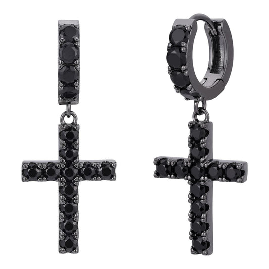 HarlemBling Dangling Cross Iced Out Earrings Dangle Hoop - Black Rhodium Over 925 Silver - Black CZ Stones