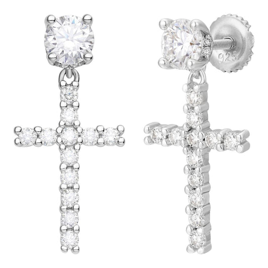 HarlemBling Dangling Cross Iced Out Earrings W. Solitaire Stud - 925 Silver - CZ Stones