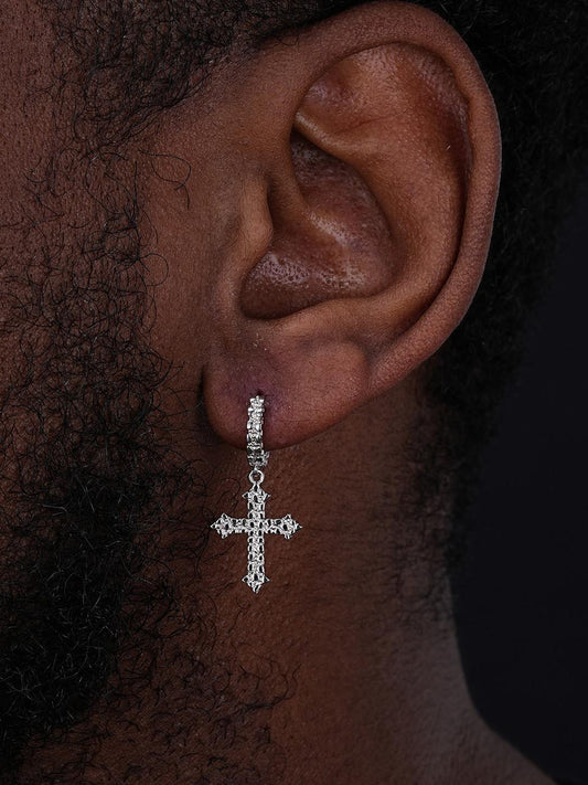 HarlemBling Dangling Gothic Cross Huggie Hoop Earrings - 925 Silver