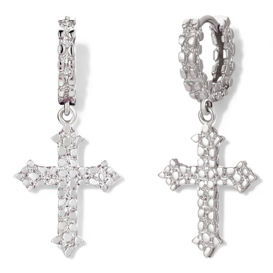 HarlemBling Dangling Gothic Cross Huggie Hoop Earrings - 925 Silver