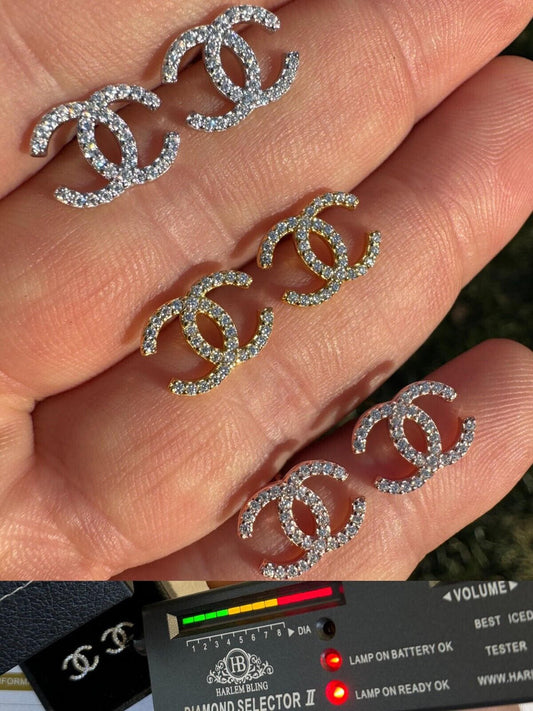 HarlemBling Double C Ladies Iced Moissanite Earrings 925 Silver 14k Yellow/Rose Gold Chanel