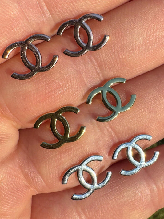 HarlemBling Double C Ladies Plain Earrings Real 925 Silver 14k Yellow/Rose Gold Chanel