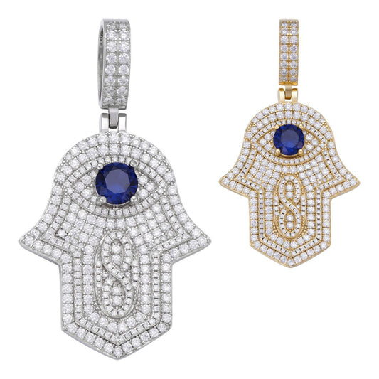 HarlemBling Evil Eye Hamsa Hand Iced Out Pendant - 14k Gold Vermeil Or 925 Silver - CZ Stones - Medium 2"