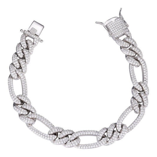 HarlemBling Figaro Link Bracelet Iced Out CZ Stones - 925 Silver - 12mm - 7-8"