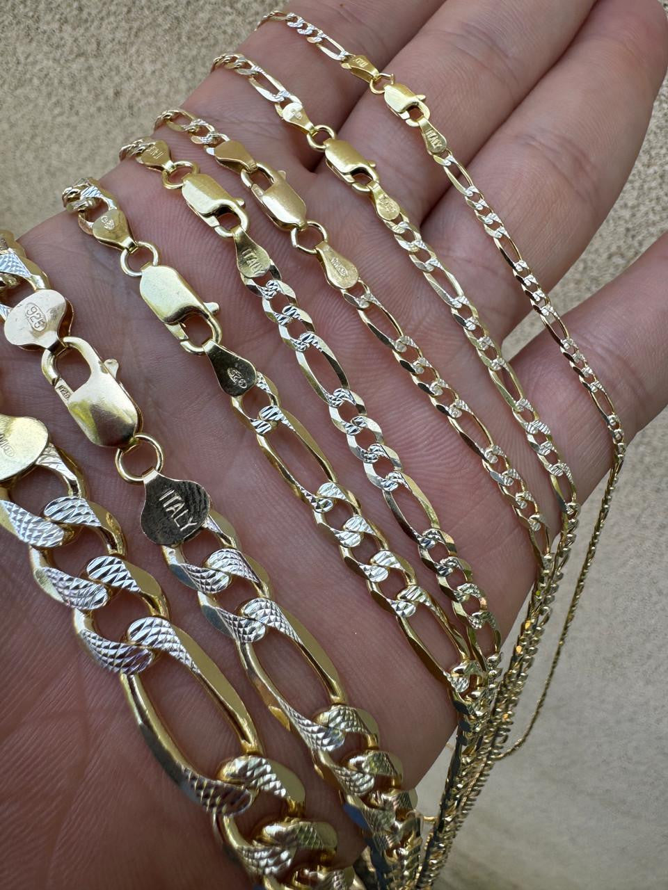 HarlemBling Figaro Link Chain Necklace Or Bracelet - Diamond Cut 14k Gold Vermeil 925 Sterling Silver - 6"-30" - 2.5mm-10mm