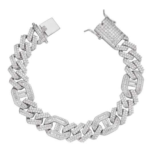 HarlemBling Figarucci Prong Cuban Link Bracelet Iced Out CZ Stones - 925 Silver - 15mm - 7"-8.5"