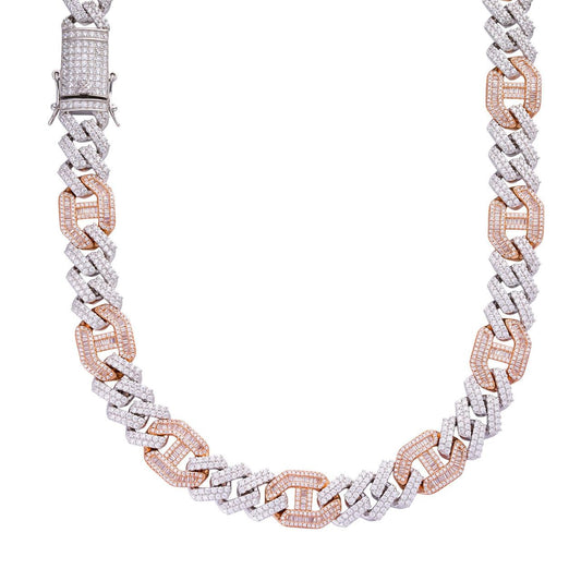 HarlemBling Figarucci Prong Cuban Link Chain Necklace Iced Out CZ Stones - 14k Rose Gold Vermeil & 925 Silver - 15mm - 18"-30"