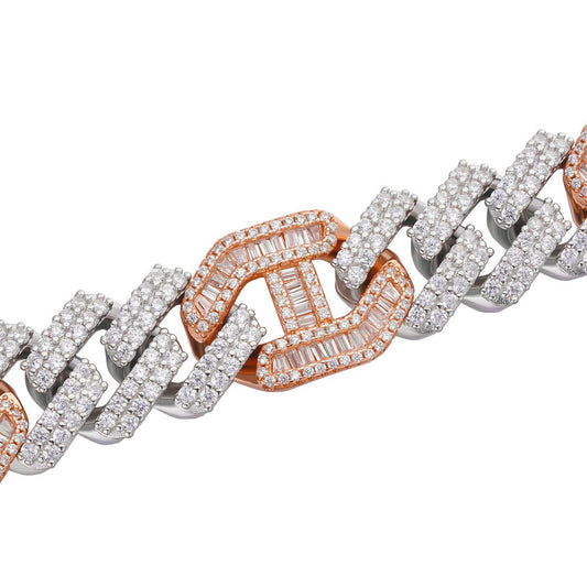 HarlemBling Figarucci Prong Cuban Link Chain Necklace Iced Out CZ Stones - 14k Rose Gold Vermeil & 925 Silver - 15mm - 18"-30"