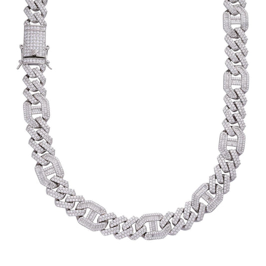 HarlemBling Figarucci Prong Cuban Link Chain Necklace Iced Out CZ Stones - 925 Silver - 15mm - 18"-30"