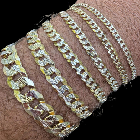 HarlemBling Flat Curb Bracelet - Two Tone Diamond Cut 14k Gold Vermeil 925 Sterling Silver - 6"-9" - 3mm-10.5mm