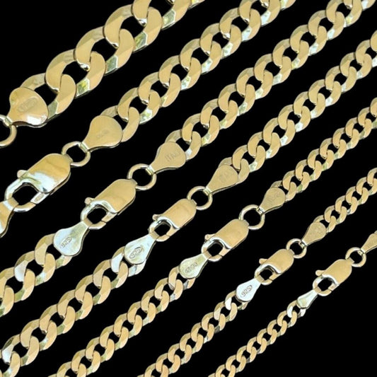 HarlemBling Flat Curb Cuban Chain Necklace - 14k Gold Vermeil 925 Sterling Silver - 16"-30" - 3mm-10.5mm