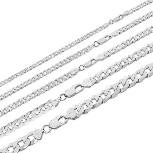 HarlemBling Flat Curb Cuban Chain Necklace - 925 Sterling Silver - 16"-30" - 3mm-10.5mm