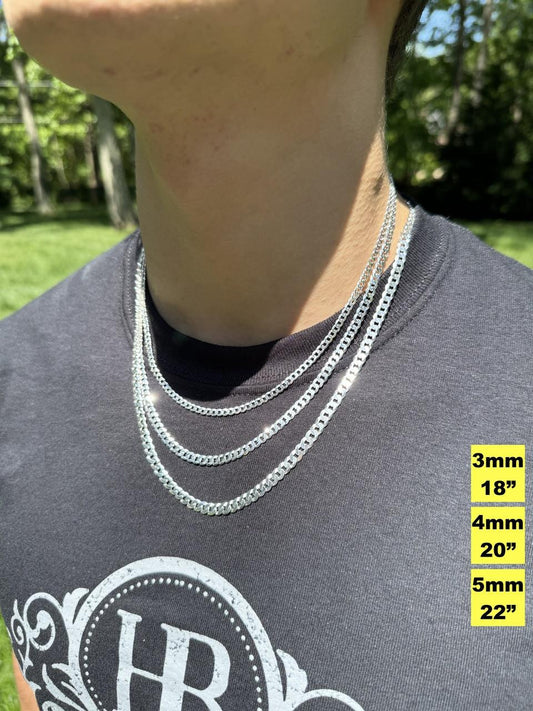 HarlemBling Flat Curb Cuban Chain Necklace - 925 Sterling Silver - 16"-30" - 3mm-10.5mm