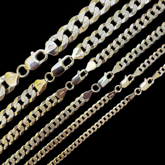 HarlemBling Flat Curb Cuban Chain Necklace - Diamond Cut 14k Gold Vermeil 925 Sterling Silver - 16"-30" - 3mm-10.5mm