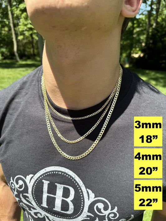 HarlemBling Flat Curb Cuban Chain Necklace - Diamond Cut 14k Gold Vermeil 925 Sterling Silver - 16"-30" - 3mm-10.5mm