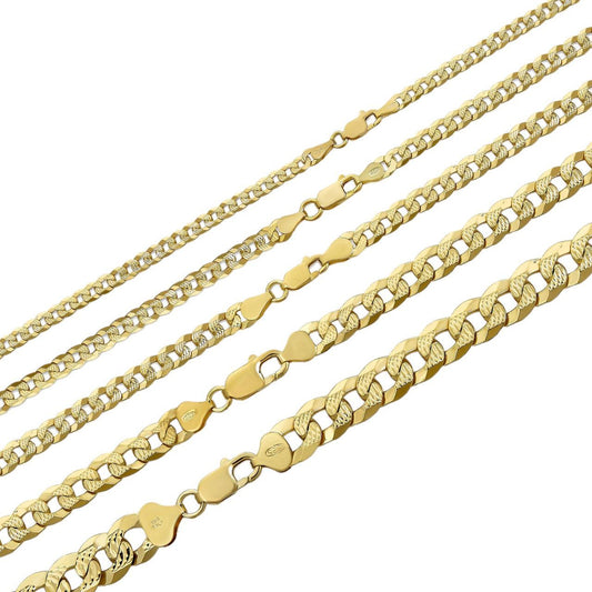 HarlemBling Flat Curb Cuban Chain Necklace - Diamond Cut 14k Gold Vermeil 925 Sterling Silver - 16"-30" - 3mm-10.5mm