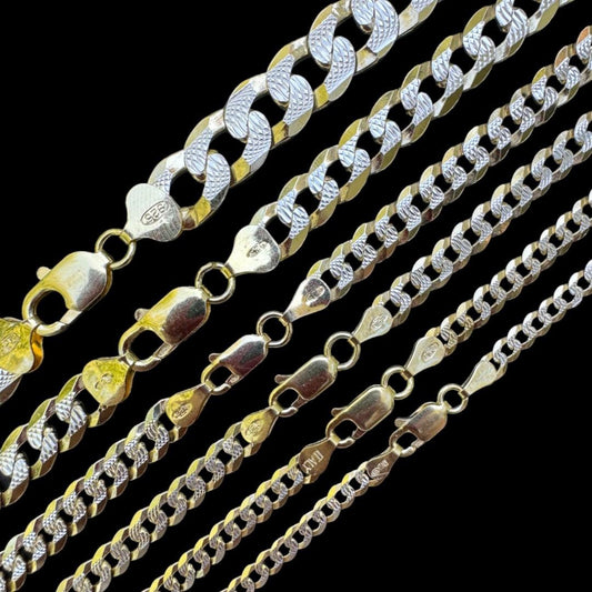 HarlemBling Flat Curb Cuban Chain Necklace - Two Tone Diamond Cut 14k Gold Vermeil 925 Sterling Silver - 16"-30" - 3mm-10.5mm