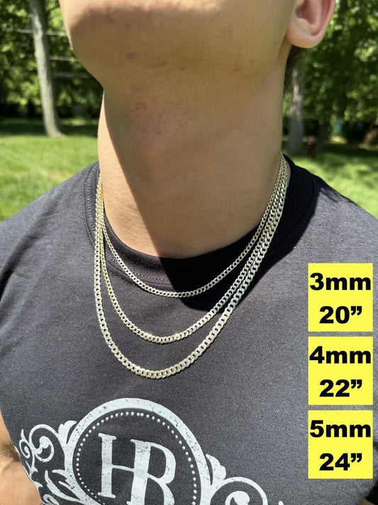 HarlemBling Flat Curb Cuban Chain Necklace - Two Tone Diamond Cut 14k Gold Vermeil 925 Sterling Silver - 16"-30" - 3mm-10.5mm