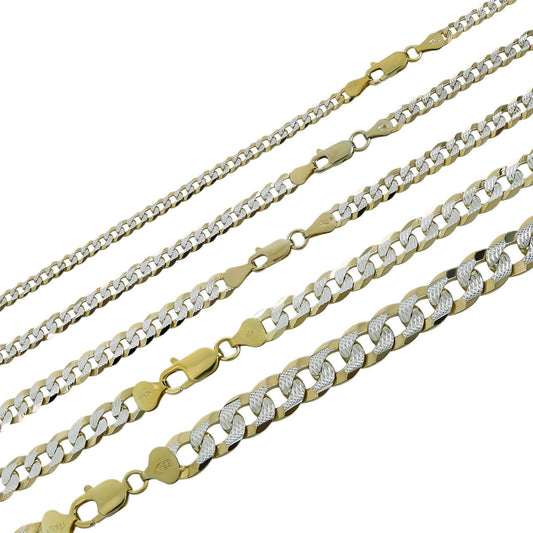 HarlemBling Flat Curb Cuban Chain Necklace - Two Tone Diamond Cut 14k Gold Vermeil 925 Sterling Silver - 16"-30" - 3mm-10.5mm