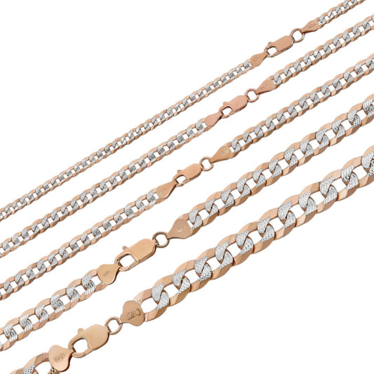 HarlemBling Flat Curb Cuban Chain Necklace - Two Tone Diamond Cut 14k Rose Gold Vermeil 925 Sterling Silver - 16"-30" - 3mm-10.5mm