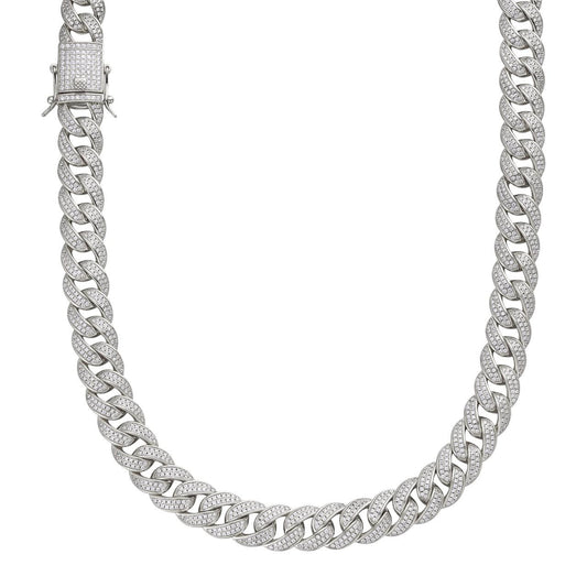 HarlemBling Flat Miami Cuban Link Chain Necklace Iced Out CZ Stones - 925 Silver - 12mm - 18-30"
